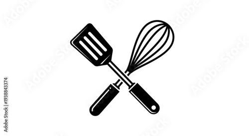Crossed Kitchen Spatula and Whisk Illustration.
