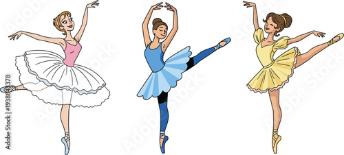 Elegant ballet dancers performing en pointe, classical dance poses, colorful costumes, graceful movement, artistic expression, professional ballerinas, stage performance, beauty