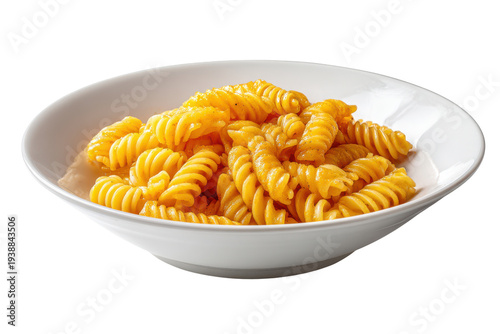 White bowl filled with golden fusilli pasta on a black background rotini macaroni, Isolated On Transparent Background, Png Cut Out