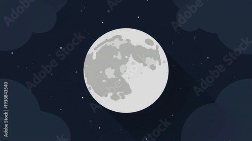 A full moon shines brightly in the night sky surrounded by dark clouds and stars viewed from a distance