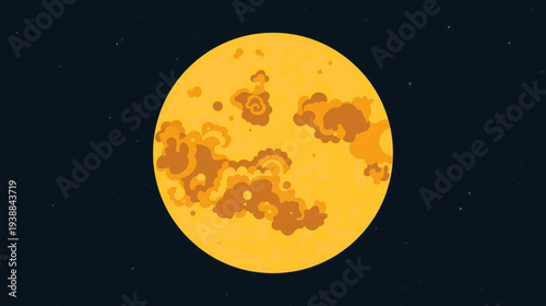 A large yellow moon with darker patches is visible in the dark night sky