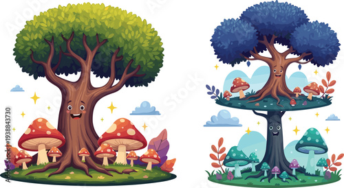 Fantasy cartoon forest trees with colorful mushrooms and smiling faces illustration vector design isolated on white background for magical decoration.