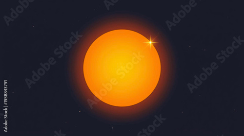 A celestial body with a bright companion star in the vicinity of a large orange sun in a dark space environment viewed from a distant perspective