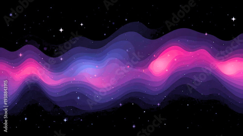 A vibrant, wavy pattern of pink and purple hues against a dark background, resembling a cosmic or abstract art piece from a distant viewpoint, inspired by Desain