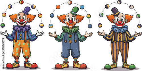 Funny cartoon clowns juggling colorful balls, circus performers in costumes with hats, cheerful entertainment characters illustration for comedy, carnival, celebration.