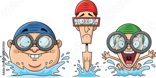 Funny cartoon swimmers with big goggles splashing in water, comic characters swimming with expressions, humorous sports illustration for entertainment design