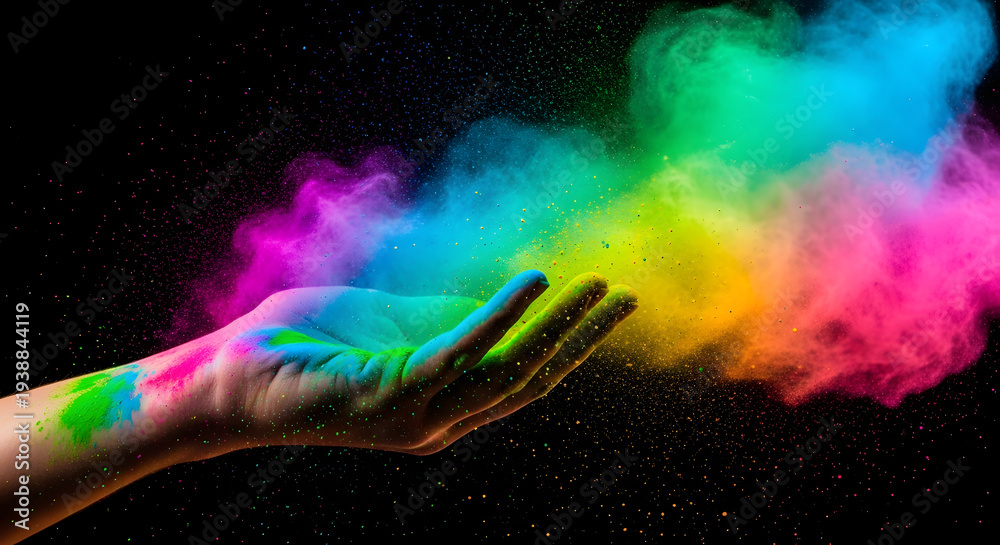 Fototapeta premium Vibrant holi colors explode from hand in dark background