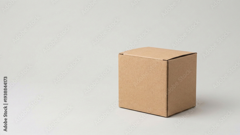 Fototapeta premium A single plain brown cardboard box with a closed lid sits on a clean light grey background, ready for various uses.