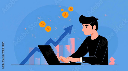 Man working on laptop with upward trend graph and financial growth indicators surrounding him, depicting business success and productivity