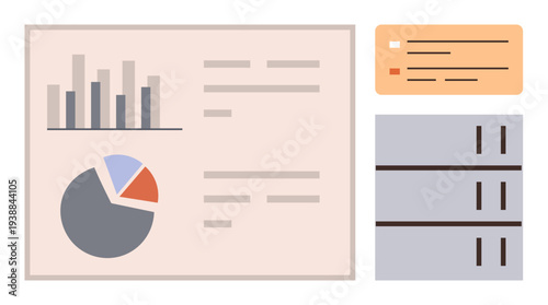 Data visualization, analytics, information design, business reporting, data presentation, market analysis. Bar chart, pie chart and text boxes. Data visualization and analytics concepts