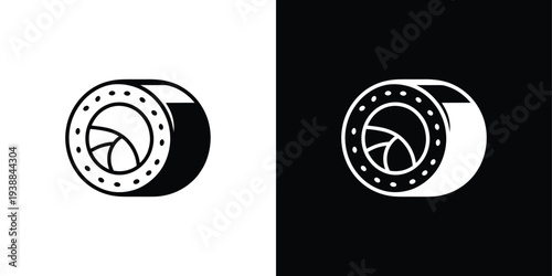 Black and white camera lens on split background symbol