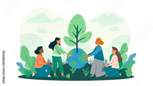 Illustration of people supporting the Earth together, surrounded by lush greenery, conveying unity and environmental care from a frontal viewpoint