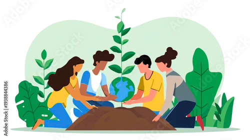 Diverse group of people collaborating outdoors holding the Earth surrounded by plants and trees