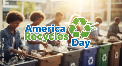 Diverse group of people recycling on america recycles day with colorful bins