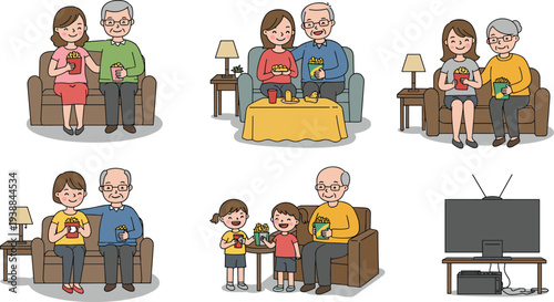 Happy grandparents spending quality time with children and family, eating snacks, watching television, and relaxing together at home illustration