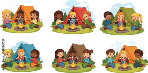 Happy kids camping vector illustration showing children sitting around campfire, roasting marshmallows, enjoying outdoor activities, nature, friendship, and adventure together