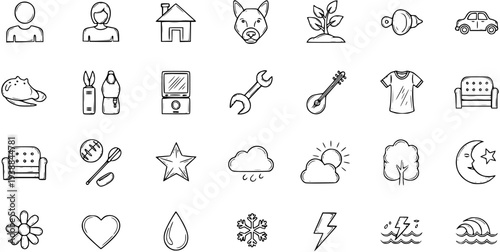 Black and White Line Art Icons: People, House, Dog, Plant, Car, Food, Tools, Music, Clothing, Furniture, Sports, Nature, Weather