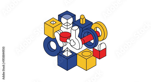 3D illustration of a robot surrounded by various colorful geometric shapes.