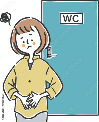 トイレの前でお腹を押さえている女性　上半身　ベクター