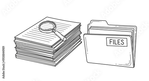 Stack of documents with magnifying glass and file folder.