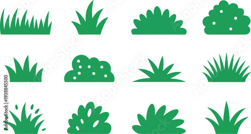 Green grass and garden shrub vector icon set for landscaping services backyard maintenance lawn care branding and outdoor nature park design elements
