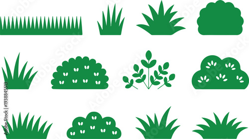 Green grass and garden shrub vector icon set for landscaping services backyard maintenance lawn care branding and outdoor nature park design elements