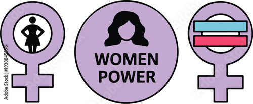 Female empowerment vector icon set with women power text and girl silhouette symbols for leadership coaching and feminist movement social media posts