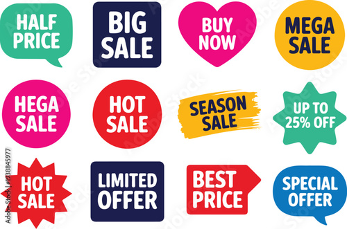 Colorful retail flash sale badge set with urgent promotional text for e-commerce website banners and online shopping discount advertising campaigns