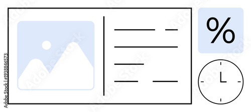 Data analysis, information design, business reports, infographics, presentations, web design. Minimalist layout with image placeholder, text lines percentage and clock icon. Data analysis