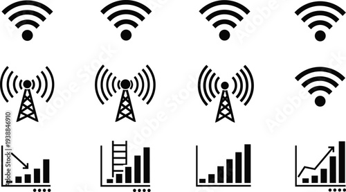 Wifi signal and telecommunication tower icon set with financial data bar charts showing growth and decline trends in black vector silhouette style