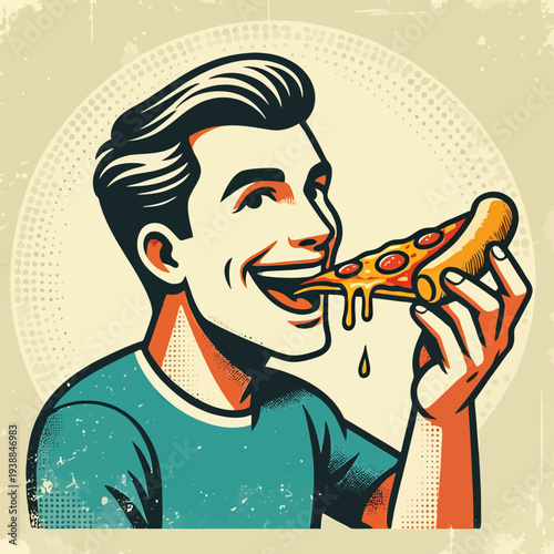 Man Eating Pizza with Cheese Pulling Down.