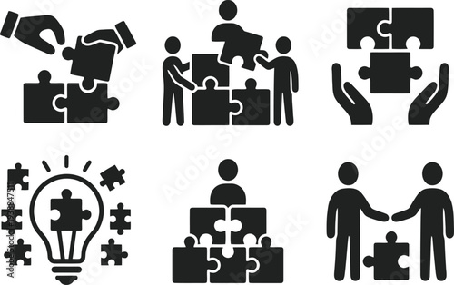Set of 6 teamwork puzzle icons vector