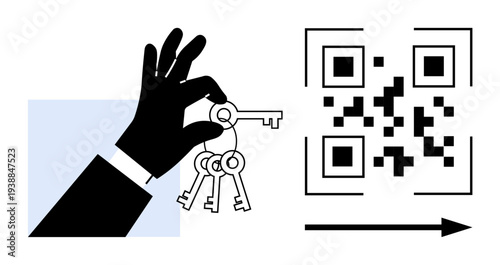 Security, digital access, encryption, data transfer, safe transaction, technology. Black hand holding keys next to a QR code and arrow. Security and digital access are primary