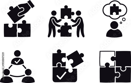 Set of 6 teamwork puzzle icons vector