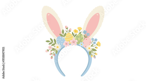 Floral bunny headband with pink ears and colorful flowers on a white background, flat lay.