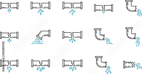 Broken pipe icon illustration set, plumbing leak damage, cracked burst water flow, maintenance repair vector, infrastructure design, utility problem, drainage art
