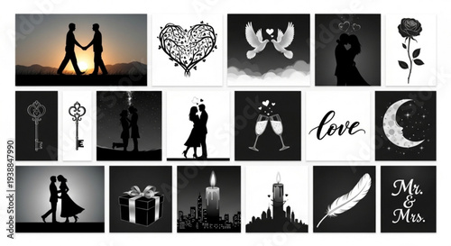 Romantic wedding icons and silhouettes in black and white love symbols couples hearts and gifts