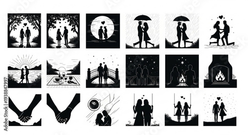 Collection of romantic couple silhouettes in various scenes and poses black and white vector graphics