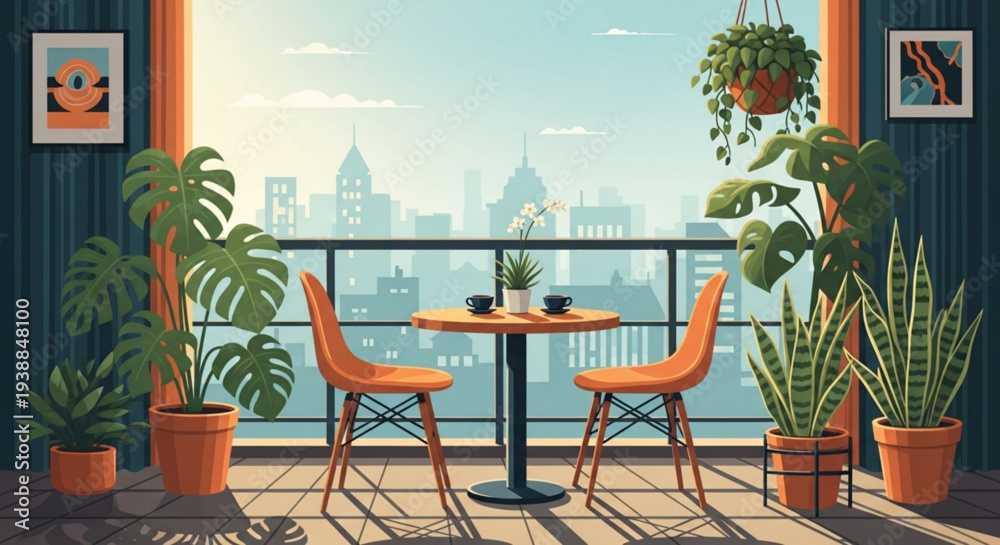 Obraz premium Cozy balcony with orange chairs small table and lush green plants overlooking city skyline on sunny day