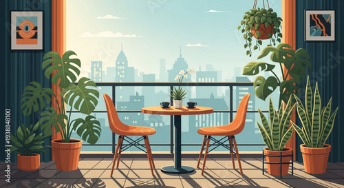 Cozy balcony with orange chairs small table and lush green plants overlooking city skyline on sunny day