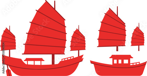Traditional Chinese Junk Sailboat Silhouette Asian Sailing Ship Maritime Vector Illustration
