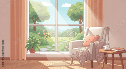 Cozy living room with armchair side table and serene garden view through large window on sunny day