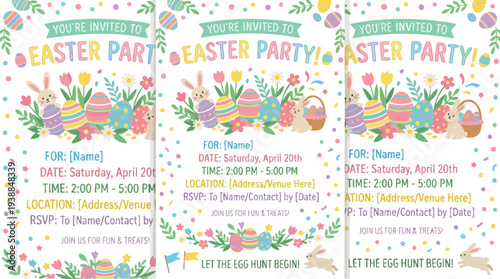 Colorful Easter party invitations with floral designs and pastel colors on a white background.