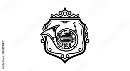 Ornate French Horn Illustration in Shield.