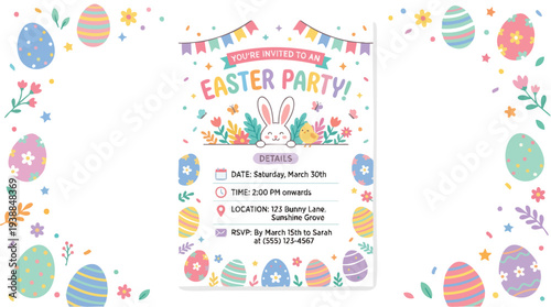 Colorful Easter party invitation card with pastel eggs and bunnies on a white background, surrounded by decorative elements in a flat lay composition with bright and cheerful mood.