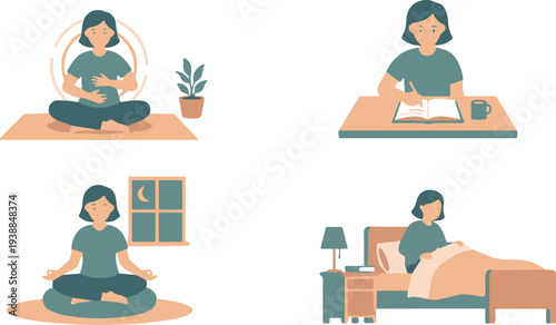 Daily routine illustration set, meditation reading night rest, self-care lifestyle, mindfulness vector, wellness design, relaxation art, healthy living, balanced life icon