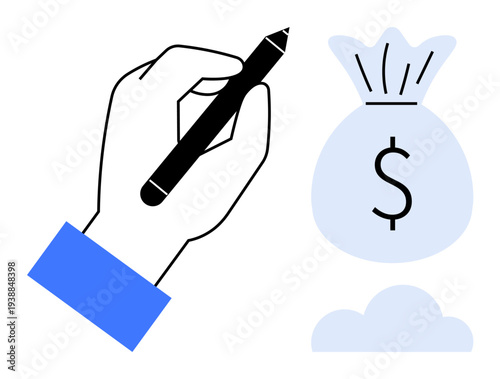 Financial planning, investment, wealth, economy, savings, cloud computing. Hand holding a pen beside a money bag and cloud illustration. Financial planning and investment concept