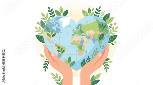 Illustration of hands cradling a globe surrounded by leaves and flowers on a white background with a green and blue color palette.