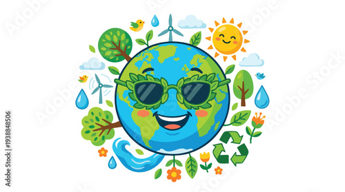A cartoon Earth wearing sunglasses surrounded by eco-friendly icons like leaves, flowers, wind turbine, sun, and water droplets on a white background with a green and blue color palette.