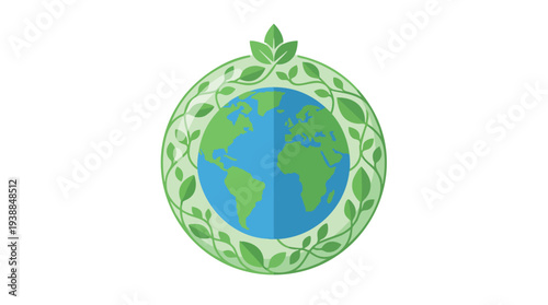 Graphic illustration of a blue and green globe surrounded by a wreath of leaves on a white background with a natural and eco-friendly theme.